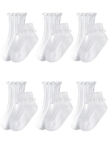 ALLOVIN 6 Pairs Non-Slip Ruffle Socks for Baby & Toddler Girls – Soft Cotton Grip Socks | 6 Pairs Off-white | 6-12 Months - Image 1