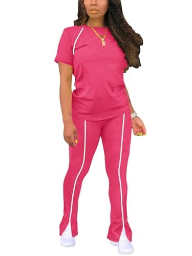 STOLKISS Women Tracksuit 2026 Fall 2 Piece Outfits Travel Vacation Outfits Long Sleeve Lounge Sets FlaPink Leg Pants Pink M - Image 1