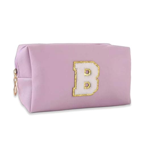 Makeup Bag Initial Preppy Patch Bag,Small PU Leather Travel Cosmetic Bag Pouch with Zipper, Purple Cute Toiletry Bag,Gift Ideal for Teen Girls Women Birthday Friend Mom, Latter B - Image 1