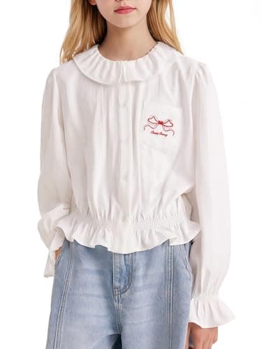 Barry Banny Girls White Button Down Shirt Peter Pan Collar White Blouse with Ruffle Hem Uniform Top for 10-11Y - Image 1