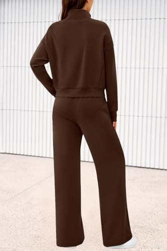 PRETTYGARDEN Womens 2 Piece Outfits Spring Sweatsuits Zip Up Sweatshirt Wide Leg Sweatpants Casual Tracksuit Lounge Sets(Brown,Large) - Thumbnail 5