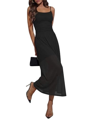 Caracilia Womens Summer Midi Dress Mesh Floral Spaghetti Strap Ruched Cocktail Party Wedding Guest Beach Vaction Long Dresses Black M - Image 1