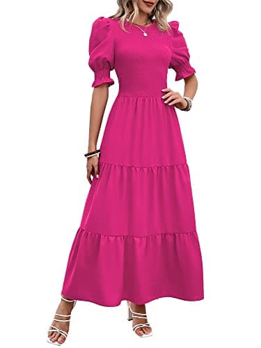 BTFBM Women Casual Summer Dresses 2025 Spring Crew Neck Ruffle Short Sleeve Floral Print Smocked Boho Flowy Maxi Dress(Solid Rose Red, Large) - Image 1