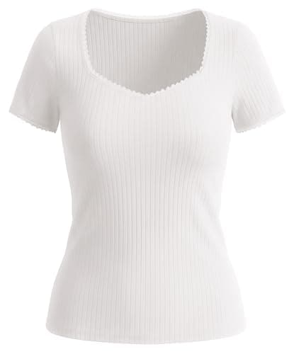 Belle Poque Women's Short Sleeve Square Neck Tops Slim Fit Ribbed Knit Basic Tee Tops Spring Summer Casual 2026 White S - Image 1