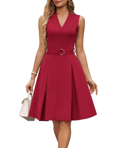 GRACE KARIN Women's Wear to Work Dresses 2026 Business Office Fit and Flare Midi Dress Church Outfits with Pockets Red M - Image 1