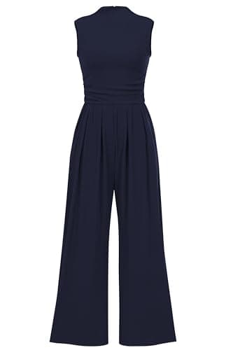 PRETTYGARDEN Womens Summer Jumpsuits Dressy Casual One Piece Outfits Sleeveless Mock Neck Wide Leg Pants Rompers with Pockets (Navy,Small) - Image 1