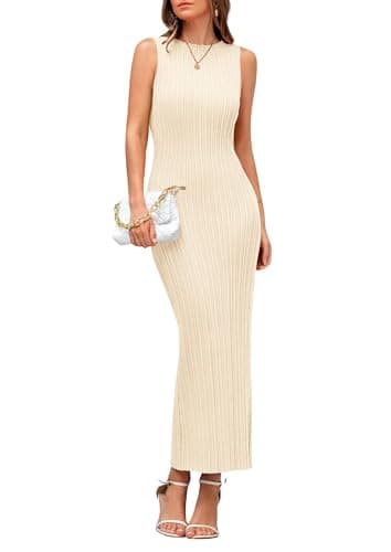 PRETTYGARDEN Women's 2026 Summer Casual Maxi Dresses Ribbed Knit Sleeveless Bodycon Elegant Going Out Beach Vacation Clothes (Apricot,Large) - Image 1