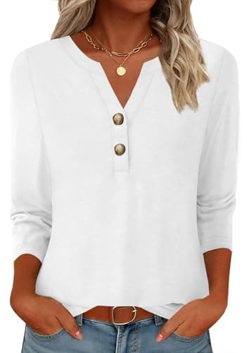 GKBK Woman Tops 3/4 Length Sleeve V Neck Button Down Loose Fit Shirts Business Casual Basic Tees Summer Fashion 2026 Dressy Casual Going Out Ladies Blouses Trendy Outfits White S - Image 1