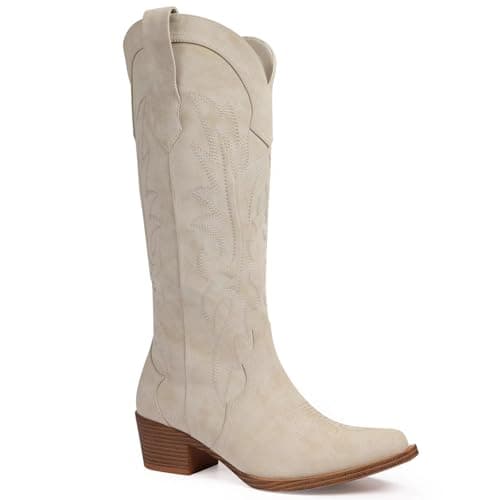 Quorvash Cowboy Boots for Women, Knee High Wide Calf Cowgirl Boots with Side Zipper, Snip Toe Western Boots, Beige Size 8.5 - Image 1