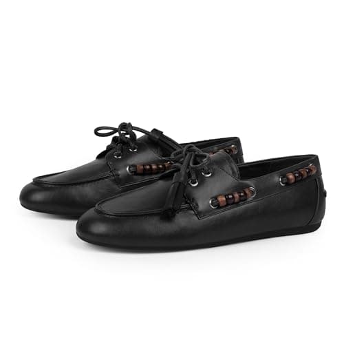 QIY Black Penny Loafers for Women Slip on Fringe Beaded Moccasins Flats Dressy Lace up Driving Loafers Comfortable Lightweight Office Casual Wear Flats Size 7.5 - Image 1