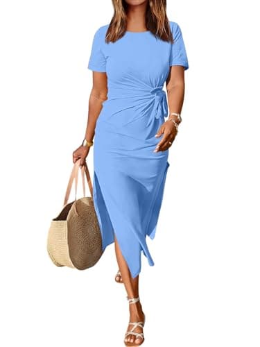 ANRABESS Women's 2025 Summer Maxi Tshirt Dress Short Sleeve Crewneck Tie Waist Casual Slim Fit Slit Spring Long Beach Dresses Sky Blue Large - Image 1