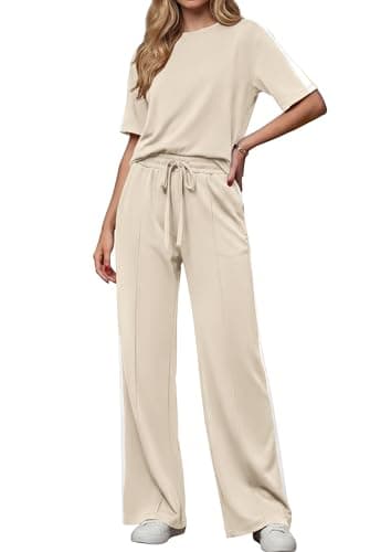 PRETTYGARDEN Women's 2 Piece Sets Summer Casual Sweatsuits Wide Leg Pants Matching Lounge Set Vacation Travel Airport Outfits (Beige,M) - Image 1