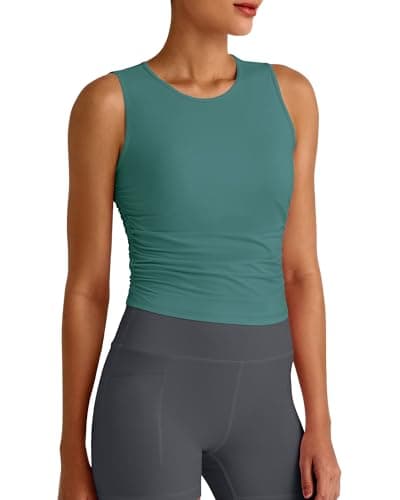 G4Free Workout Tops for Women Side Ruched Gym Athletic Cropped Tank Lightweight Sleeveless Tennis Exercise Shirt (Myrtle Green,L) - Image 1