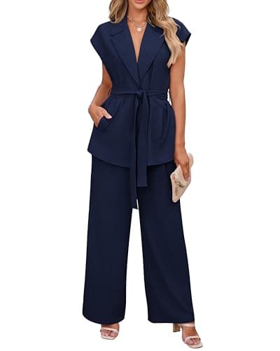 PRETTYGARDEN Women's Summer 2 Piece Outfits 2026 Cap Sleeve V Neck Blazer Vest Wide Leg Pant Sets Office Work Clothes(Navy,XX-Large) - Image 1