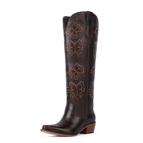 Easyfox Cowboy Boots for Women Dark Brown Rhinestone Knee High Cowgirl Boots Chunky Heel Chocolate Butterfly Embroidered Western Boot Slip on Pointed Toe Block Heel Cow Girl Boot Size 10 - Image 1
