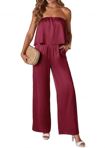 KIRUNDO Jumpsuits For Women Dressy 2026 Casual Tube Top Summer Romper Flowy Satin Strapless One Piece Vacation Outfits(Burgundy, Medium) - Image 1