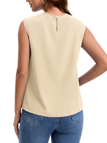 Funlingo Short Sleeve Blouses for Women Dressy Casual Summer Tunic Tank Tops Crew Neck Pleated Shirts Spring Work Business Outfits Beige S - Thumbnail 5