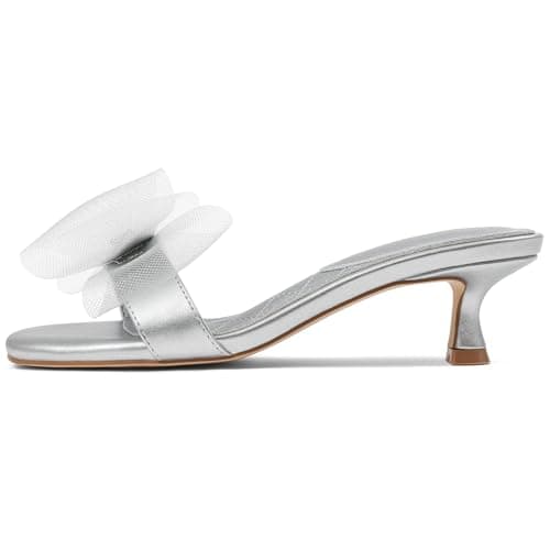 Tarkwa Kitten Heels for Women Open Round Toe Low Heels Sexy Vintage Mules with Bow Slip On Backless Heeled Sandals, Fashion Dress Shoes for Daily, Weeding, Party, Casual Silver 9.5 - Image 1