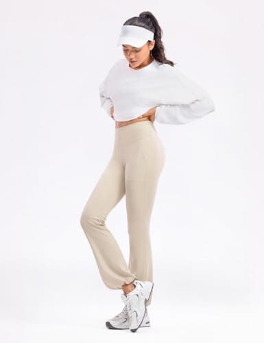 POSHDIVAH Women's Creamluxe Flare Cuffed Leggings Regular High Waisted Yoga Joggers Pants Lounge Workout Sweatpants with Pockets Light Apricot Small - Thumbnail 6