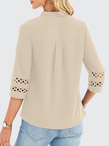 Funlingo Womens 3/4 Sleeve Tops Business Casual V Neck Dressy Blouses Fashion Office Work Tunic Pleated Shirts Trendy Outfits 2026 Khaki XL - Thumbnail 4