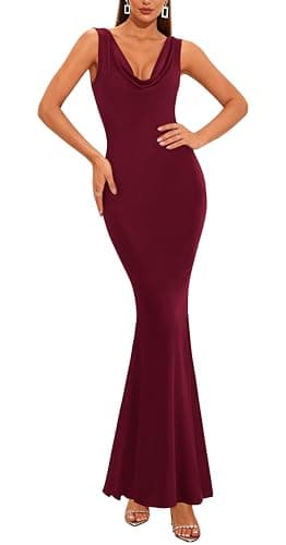 KIRUNDO Womens Summer Cowl Neck Sleeveless Satin Maxi Dress Elegant Bodycon Cocktail Wedding Guest Party Long Dresses(Burgundy, Large) - Image 1