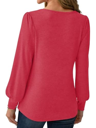 GKBK Women Long Sleeve Tops Dressy Business Casual Blouses Basic Loose Fit Crewneck Work Shirts Pleated Keyhole 2025 Fall Winter Clothes Stylish Outfits Red Medium - Thumbnail 4