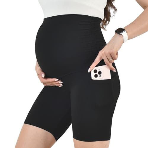 Leafigure Maternity Shorts with Pockets Over The Belly for Women, High Waisted Soft Pregnancy Yoga Pants Black L - Image 1