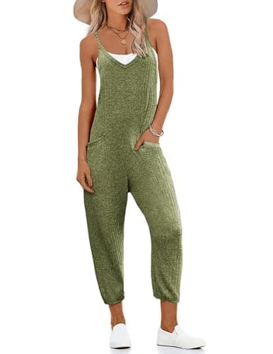 Ekouaer Jumpsuits for Women Sleeveless Spaghetti Strap Ribbed Overall Jumpsuit V Neck Summer Romper with Pockets 2026 Light Green S - Image 1