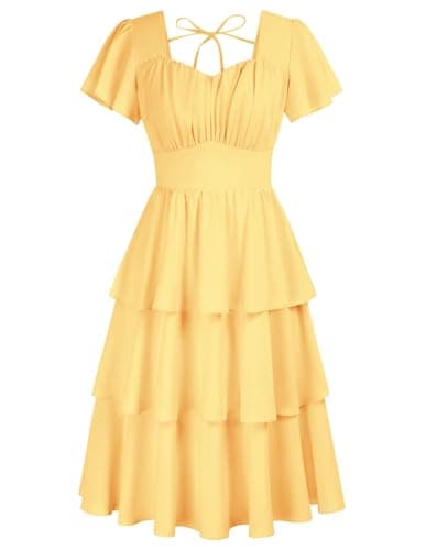 Women's Vintage Short Sleeve Tiered Ruffle Dress 2026 Summer Casual Layered A-line Swing Sundresses Yellow XX-Large - Image 1