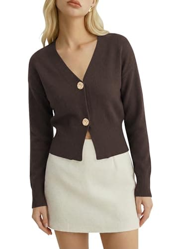 Women's Cropped Cardigan Lightweight Knit V Neck Sweater for Office Everyday Layering Outfits Chocolate Brown L - Image 1