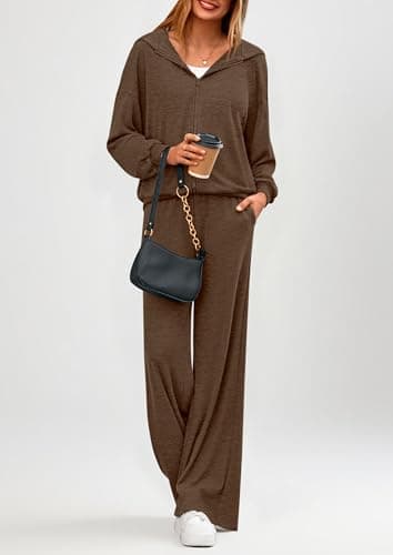 PRETTYGARDEN Women's 2 Piece Fall Lounge Sets 2026 Zip Up Hoodie Wide Leg Tracksuit Spring Matching Travel Outfits Clothes (Coffee,X-Large) - Thumbnail 3
