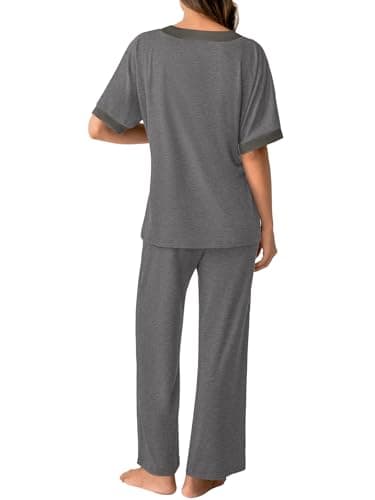 GKBK Womens Two Piece Outfits Pajama Sets 3/4 Dolman Sleeve V Neck Sleepwear Nightwear Loungewear Matching Pjs 2 Piece Lounge Set Lightweight Fall Fashion Ooutfit Dark Gray L - Thumbnail 3