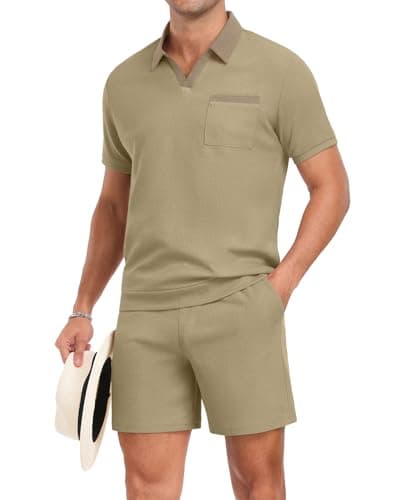 PrinStory Men's Summer Track Suits Waffle Knit Polo Shirt and Shorts Set Casual 2 Pieces Outfits with Pockets Khaki-M - Image 1