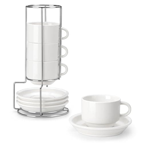 MALACASA 8 OZ Porcelain Espresso Cups with Saucers and Metal Stand Set of 4, Stackable Cappuccino Cups, White Expresso Shots Cup Set for Coffee Drinks, Latte, Tea - Image 1