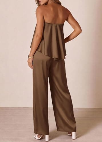 KIRUNDO Jumpsuits For Women Dressy 2026 Casual Tube Top Summer Romper Flowy Satin Strapless One Piece Vacation Outfits(Brown, XX-Large) - Thumbnail 4