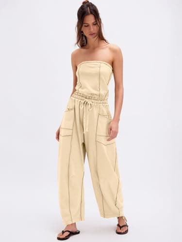 Sexyasasii Jumpsuits for women Strapless Romper Summer Casual Off the Shoulder Long Barrel Pants One Piece Outfits with Pockets - Thumbnail 5