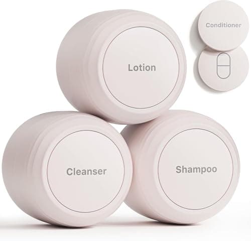 Trimcoo New Travel Toiletry Containers [Ultra Leakproof] TSA-Approved, PLA Hard Shell Jars with 5 Magnetic Labels, Wide Mouth Bottles for Lotion, Cleanser, Shampoo, Conditioner, Beige, 3 Pack, 1OZ - Image 1