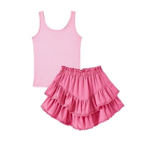 PATPAT Girls Skirt Sets Size 13-14, Hot Pink Crop Tank Tops + Pleated Skirts with Built in Shorts 2 Piece Outfits, Tween Girls Trendy Clothes Western Outfits Streetwear - Image 1