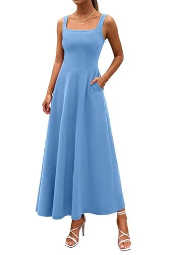 PRETTYGARDEN Womens Summer Dresses 2026 Sleeveless Elegant Square Neck Aline Swing Maxi Beach Wedding Guest Dress Pockets (Sky Blue,Small) - Image 1