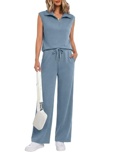 Casly Lamiit Womens Two Piece Sets Fashion 2026 Summer Outfits Half Zip Tank Top Wide Leg Striped Pant Travel Vacation Lounge Wear Blue Grey XS - Image 1