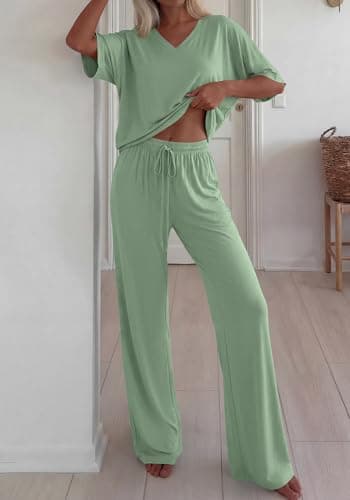 BTFBM 2 Piece Sets for Women Summer V Neck Short Sleeve Lounge Set Wide Leg Pants Matching Set Airport Travel Outfits(Sage Green, XX-Large) - Thumbnail 2