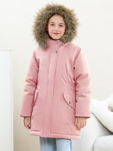 XMWEALTHY Girls Long Winter Coat Warm Puffer Down Jacket Kids Parka Hooded Thicken Snow Fleece Lined Outerwear Toddler Pink 4T - Thumbnail 3