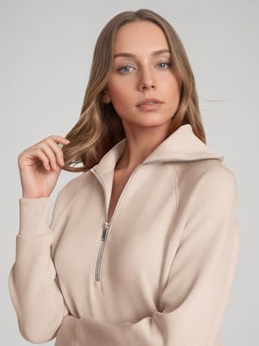 COCOMARTS Womens Long Sleeve Sweatshirt Dress Crewneck Quarter Zip Mini Dresses with Pocket 2025 Fall Winter Fashion Clothes Apricot Small - Thumbnail 3