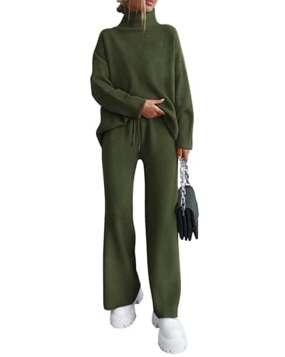 dowerme Women Spring 2 Piece Outfits 2026 Winter High Neck Sweater Sets Drawstring Wide Leg Pant Chunky Knit Lounge Set(Army Green,Small) - Image 1