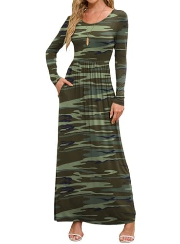 DEARCASE Maxi Dress for Women Camouflage Green Small Round Neck Boho Long Sleeve Wedding Guest A-line Casual Hawaiian Empire Waist Flowy Spring Fall Winter Floor Dresses with Pocket - Image 1