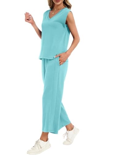 YOKGO Two Piece Sets for Women Summer Outfits V Neck Lounge Sets Business Casual Vacation Travel Matching Set - Thumbnail 4