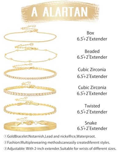 Gold Bracelets for Women 14K Gold Plated Stack Trend Bracelets Charm Paperclip Chain Cuban Link Layered Waterproof Bracelet Dainty Bracelet for Women Jewelry Gifts (6Pcs Gold) - Thumbnail 3