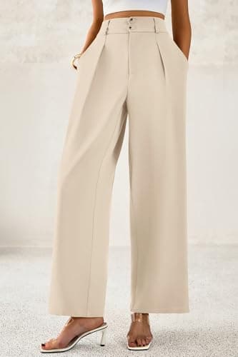 CFLONGE Women Wide Leg Dress Pants High Waist Work Trousers Button Pleated Slacks Palazzo Pants Business Casual Outfits(Beige,XX-Large) - Thumbnail 4