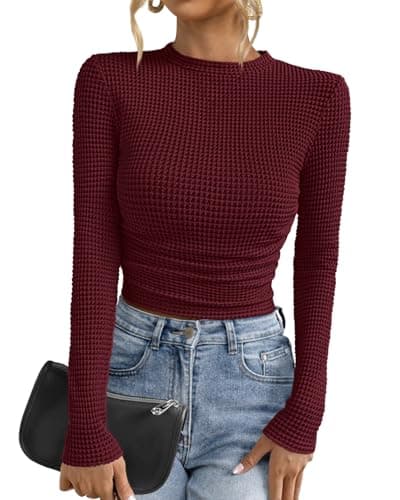 PRETTYGARDEN Womens Tops 2026 Spring Long Sleeve Fitted T Shirts Waffle Ruched Crop Shirt Basic Knit Workout Y2k Clothes(Dark Wine Red,X-Small) - Image 1