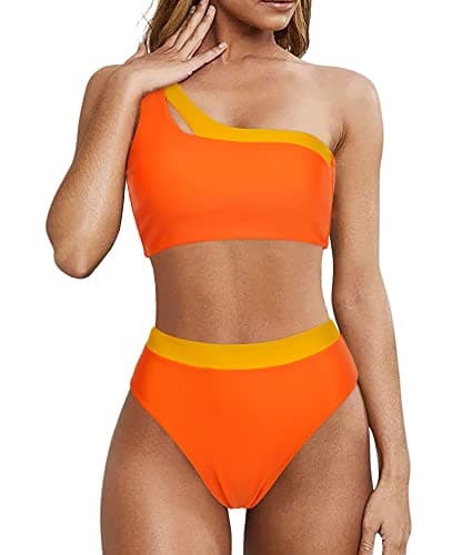 MOOSLOVER Women Cutout One Shoulder High Waisted Bikini High Cut Two Piece Swimsuits(L,Orange Yellow) - Image 1